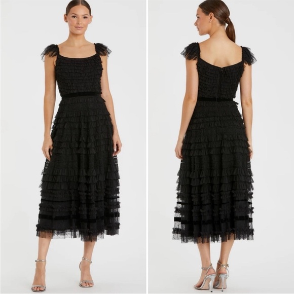 Mac Duggal #8054 Black Ruffle Cap Sleeve Tiered Midi Dress - Size 2 - Picture 1 of 4